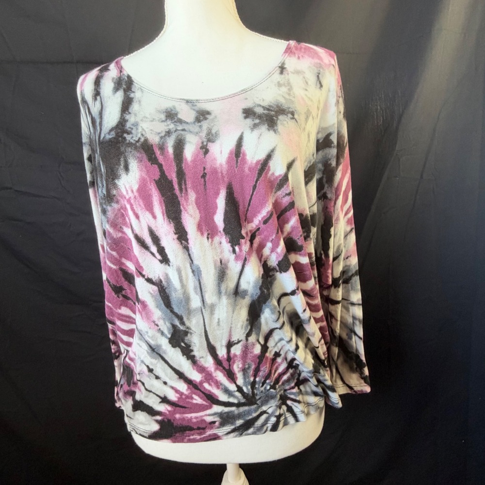 Kim & Cami Top Small Purple Grey Tie Dye Long Sleeve Dolman Relaxed Casual Boho